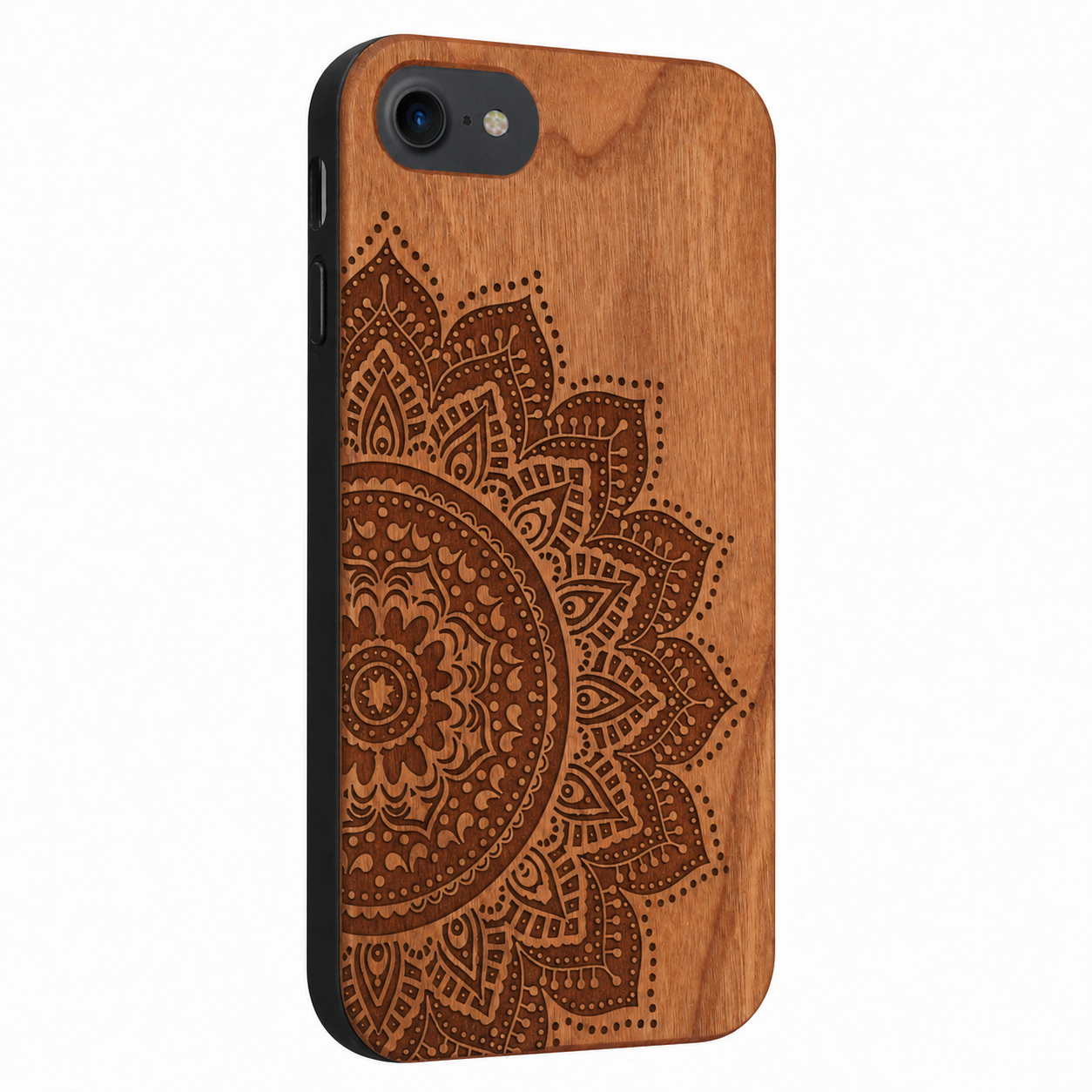Mandala Eden Case aus Kirschholz für iPhone 6/6S/7/8/SE 2020/SE 2022 – schräge Gegenansicht