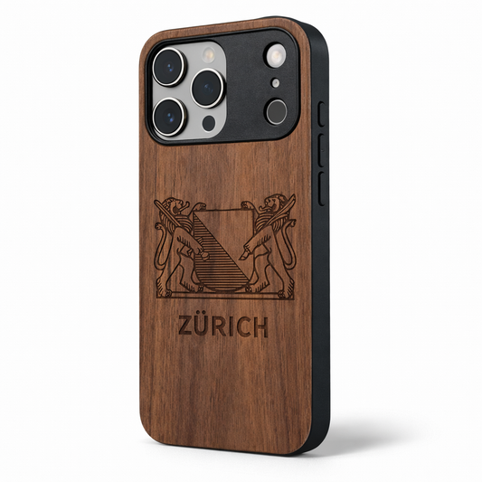 Zurich Coat of Arms Eden Case made with Walnut Wood for the iPhone 17 Pro