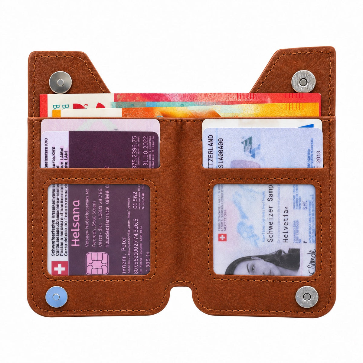 Aufklebbares Zippwallet Cognacbraun – Innenansicht mit Karten- und Notenfach