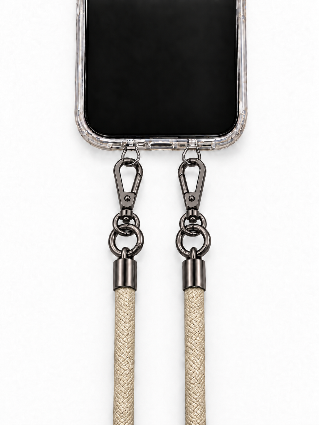 8-mm-Umhängebändel Beige mit zwei schwarzen Haken, mit Metalladapter in Silber