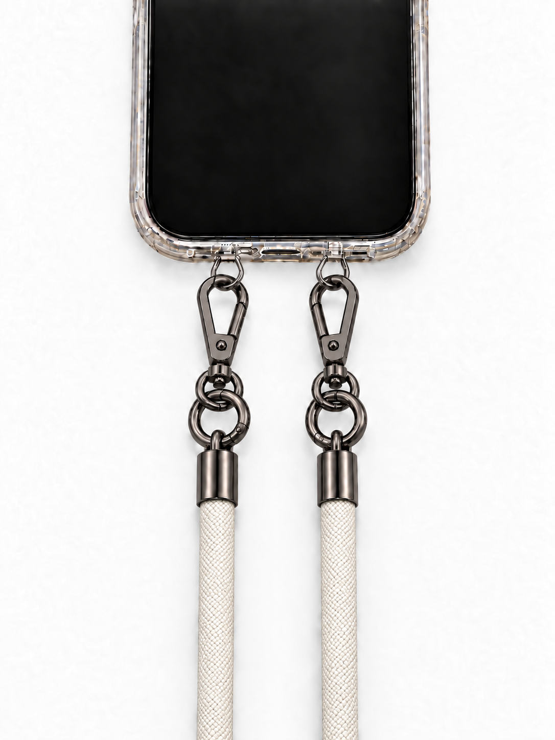 8-mm-Umhängebändel Creme mit zwei schwarzen Haken, mit Metalladapter in Silber