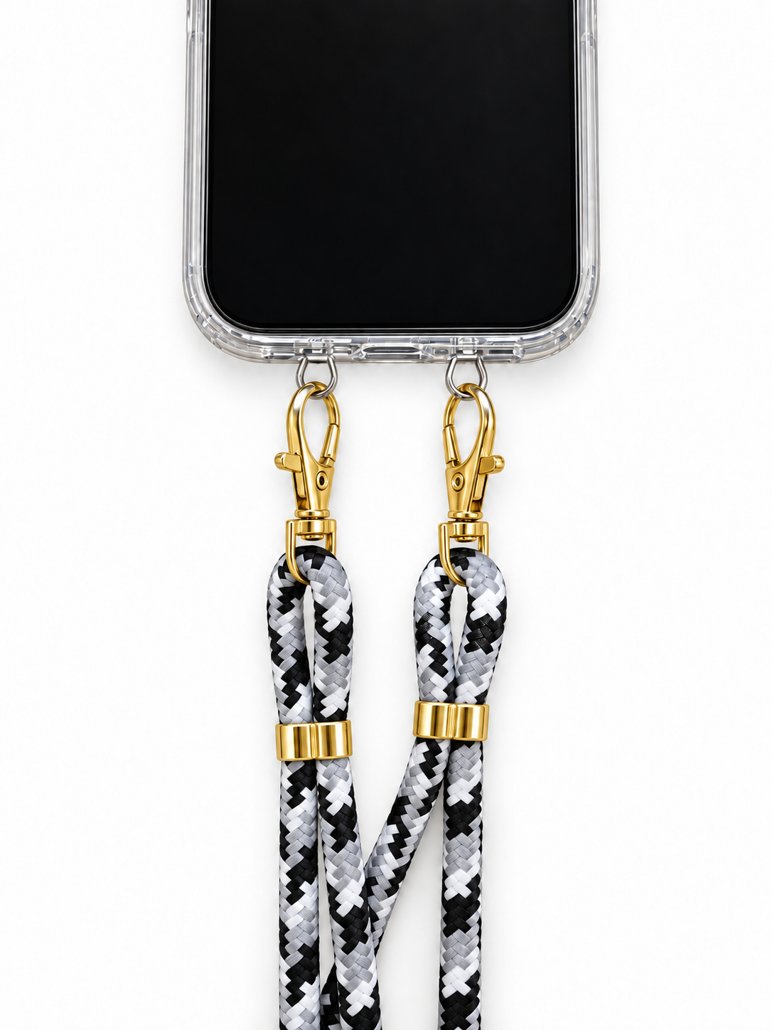 Handykette Schwarz-Weiss-Grau gemustert – 6 mm, 2 goldene Haken, mit Metalladapter in Silber, Ansicht 1