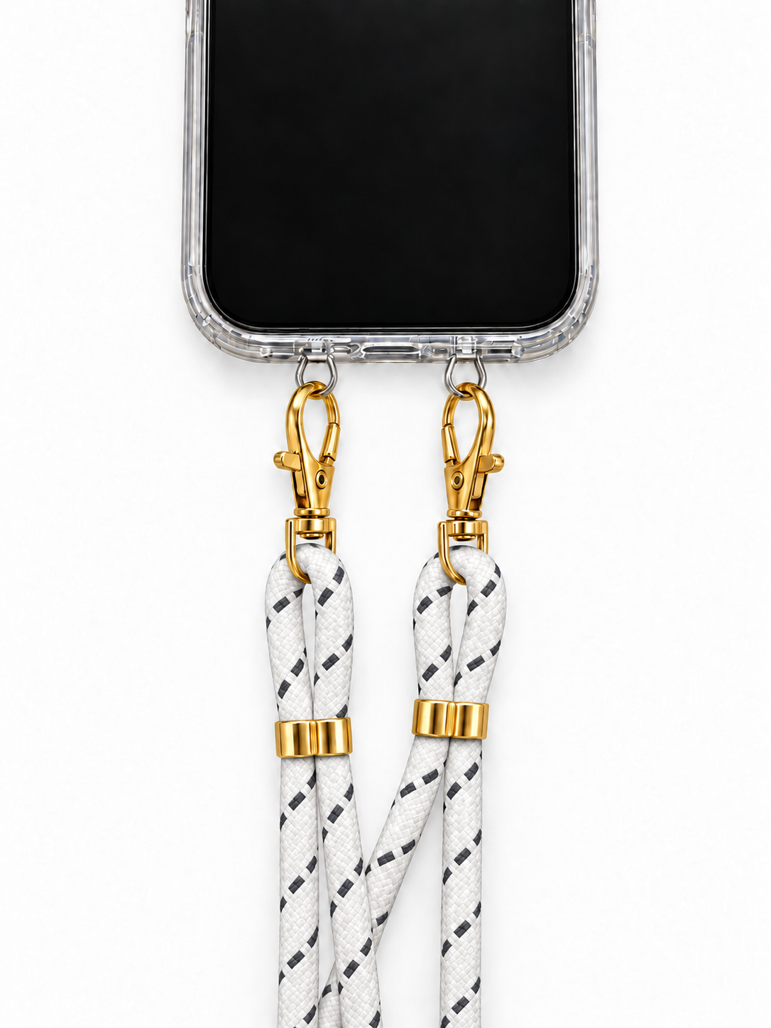 Handykette Weiss mit grauen Strichen – 6 mm, 2 goldene Haken, mit Metalladapter in Silber, Ansicht 1