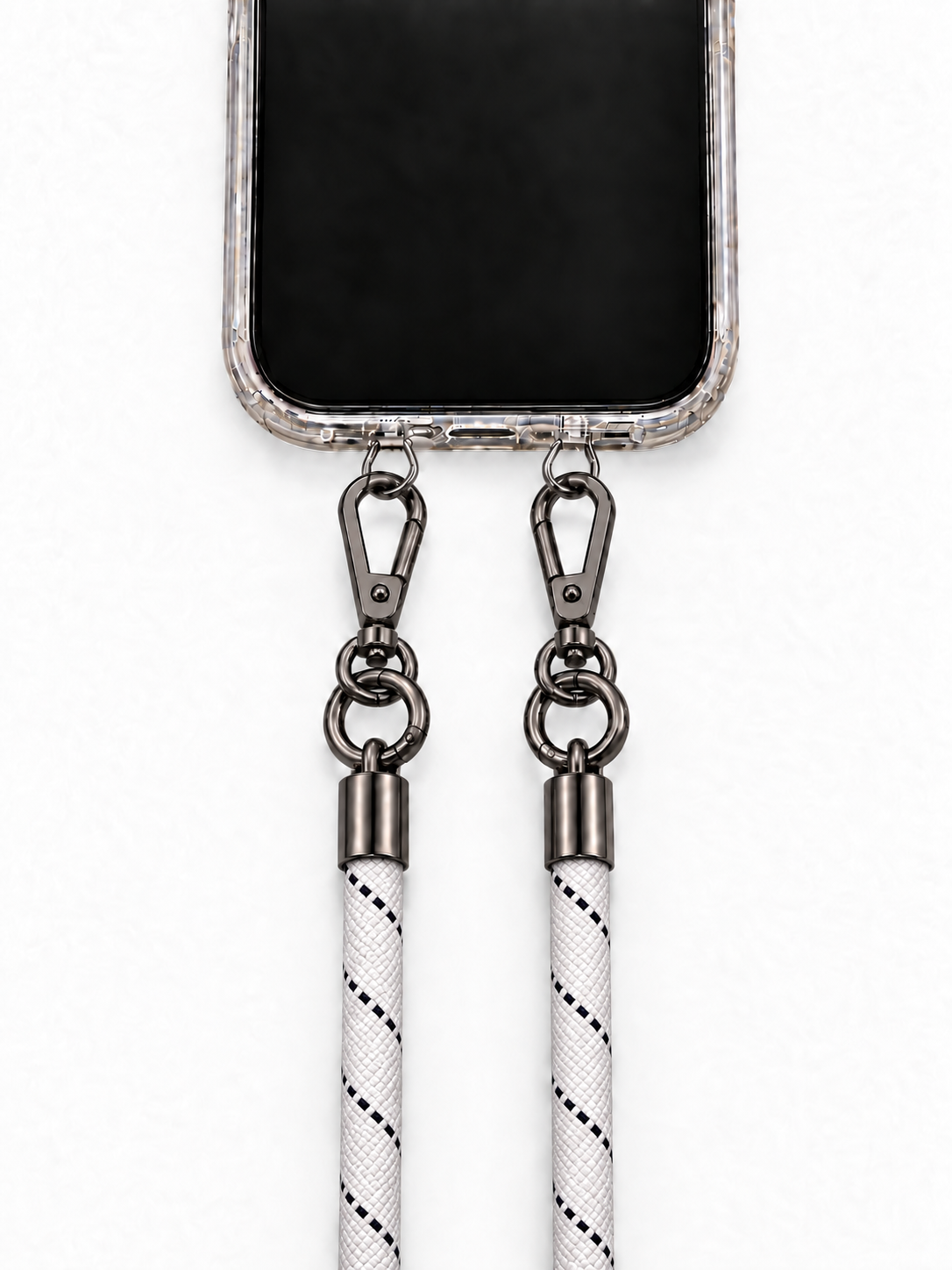 8-mm-Umhängebändel Weiss mit schwarzen Strichen mit zwei schwarzen Haken, mit Metalladapter in Silber