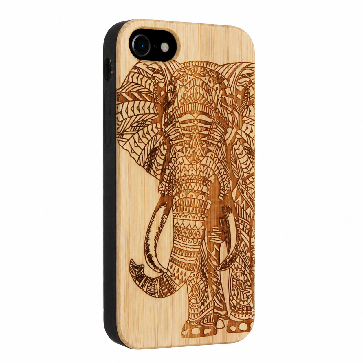 Elefanten Eden Case aus Bambus für das iPhone 6/6S/7/8/SE 2020/SE 2022 – schräge Gegenansicht