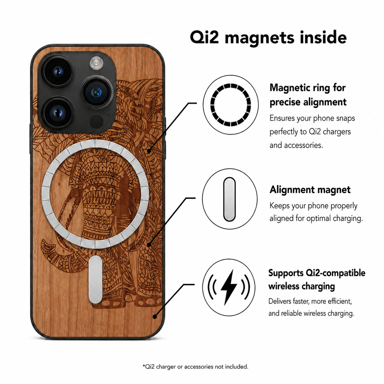 Elefanten Eden Case aus Kirschholz für das iPhone 14 Pro – Qi2-Magnete und kabelloses Laden