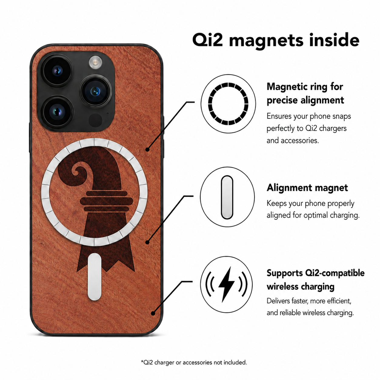 Baslerstab Eden Case aus Rosenholz für das iPhone 15 Pro – Qi2-Magnete und kabelloses Laden