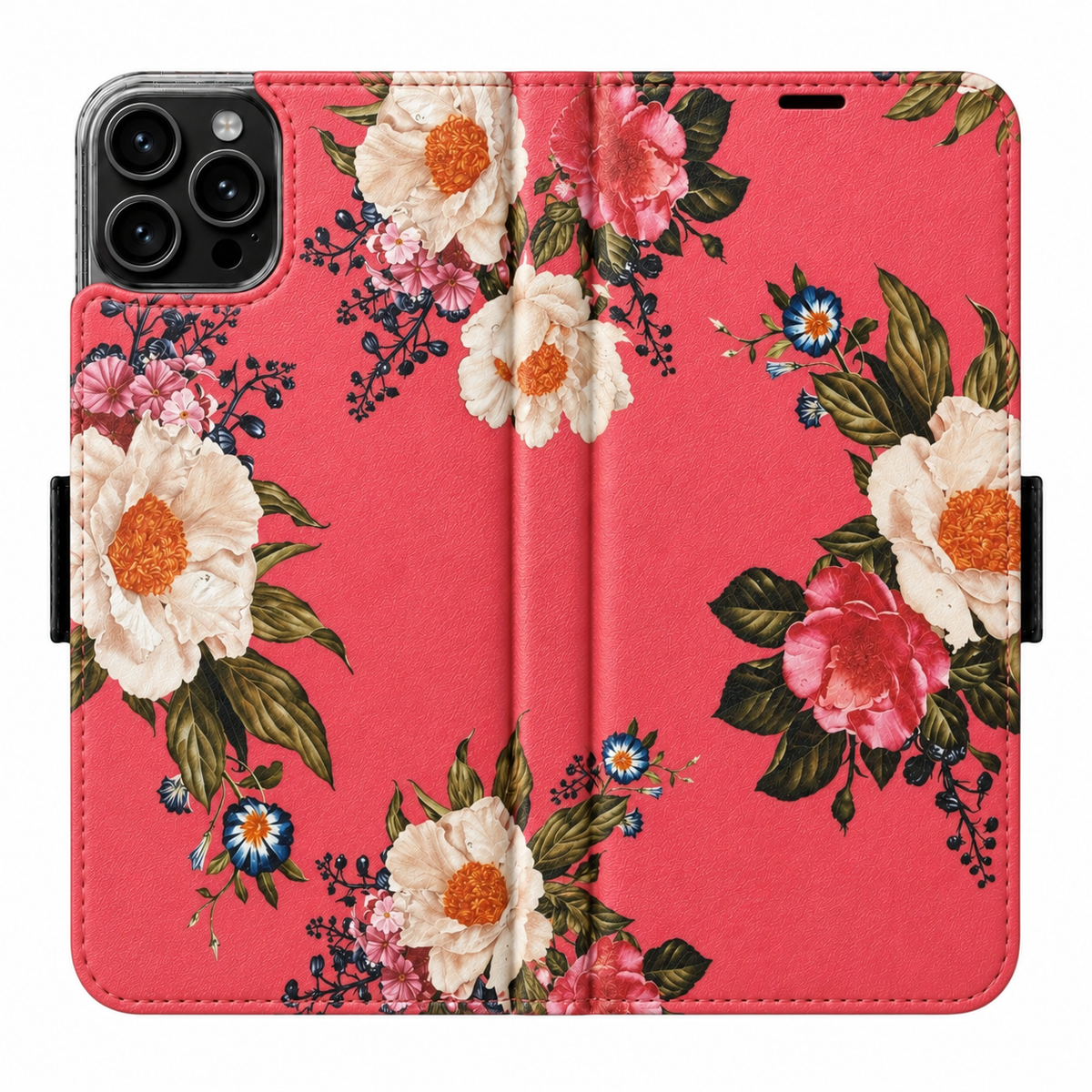Pinke Rosen Victor Case für iPhone 16 Pro – vollständig geöffnete Außenansicht