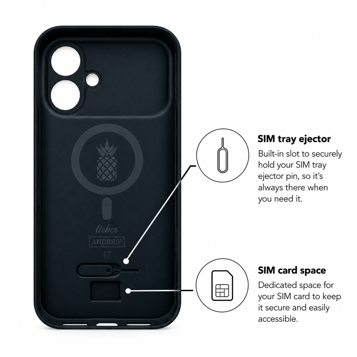 Eden Case für iPhone 17 – Innenansicht mit Qi2-Magnetring und SIM-Kartenfach