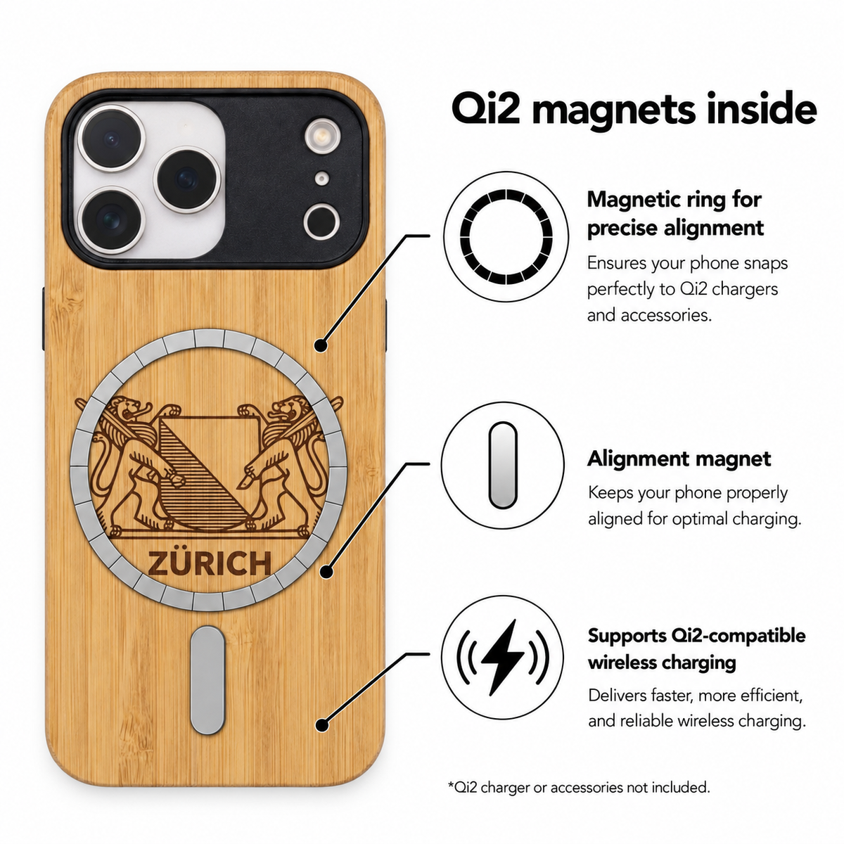 Zürich Wappen Eden Case aus Bambus für das iPhone 17 Pro – Qi2- und MagSafe-Infografik