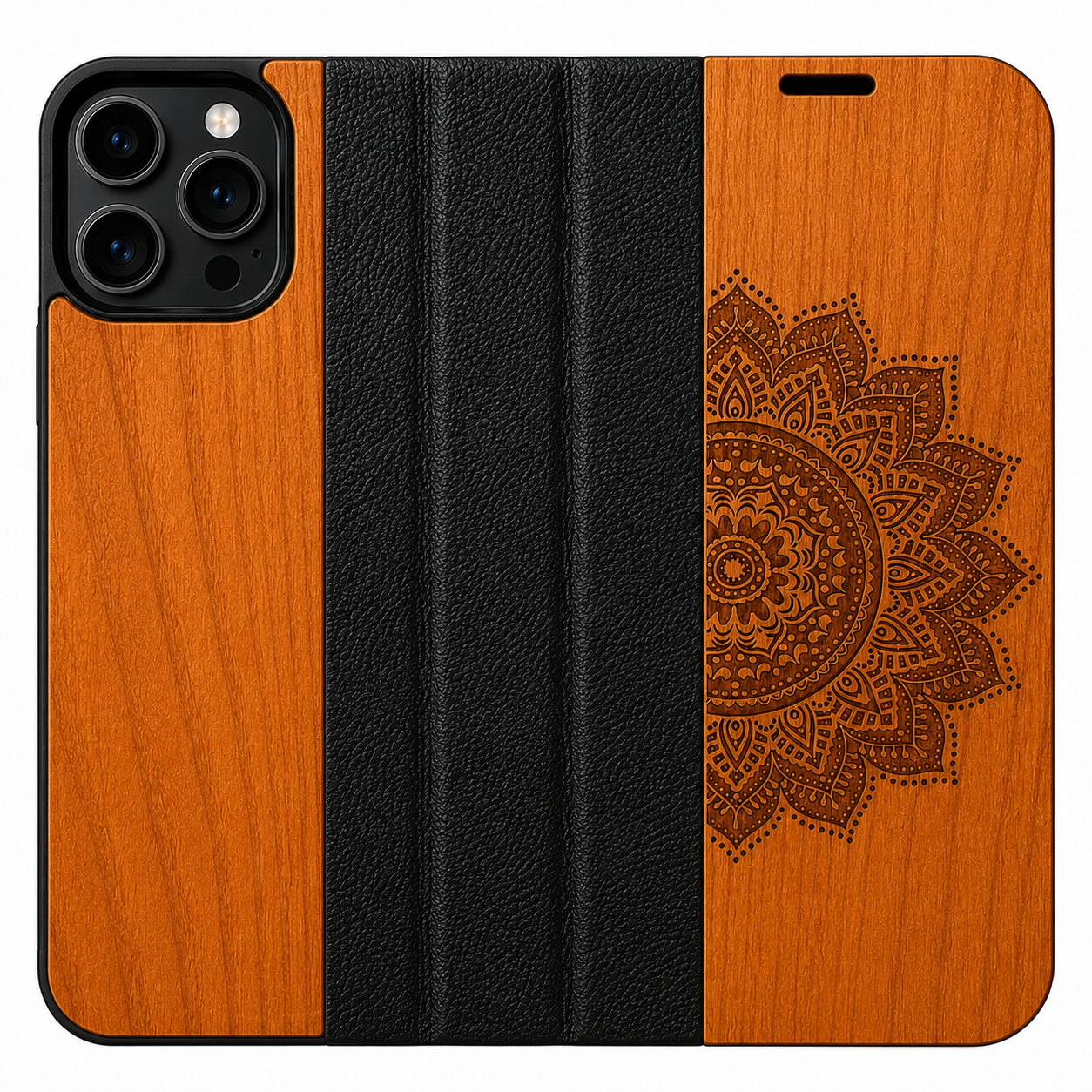 Mandala Eden Wallet Case aus Kirschholz für das iPhone 16 Pro Max
