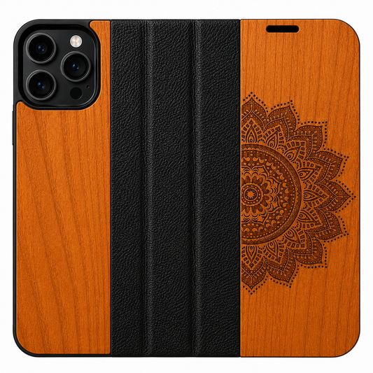 Mandala Eden Wallet Case aus Kirschholz für das iPhone 16 Pro Max