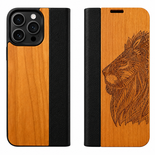 Löwen Eden Wallet Case aus Kirschholz für das iPhone 16 Pro