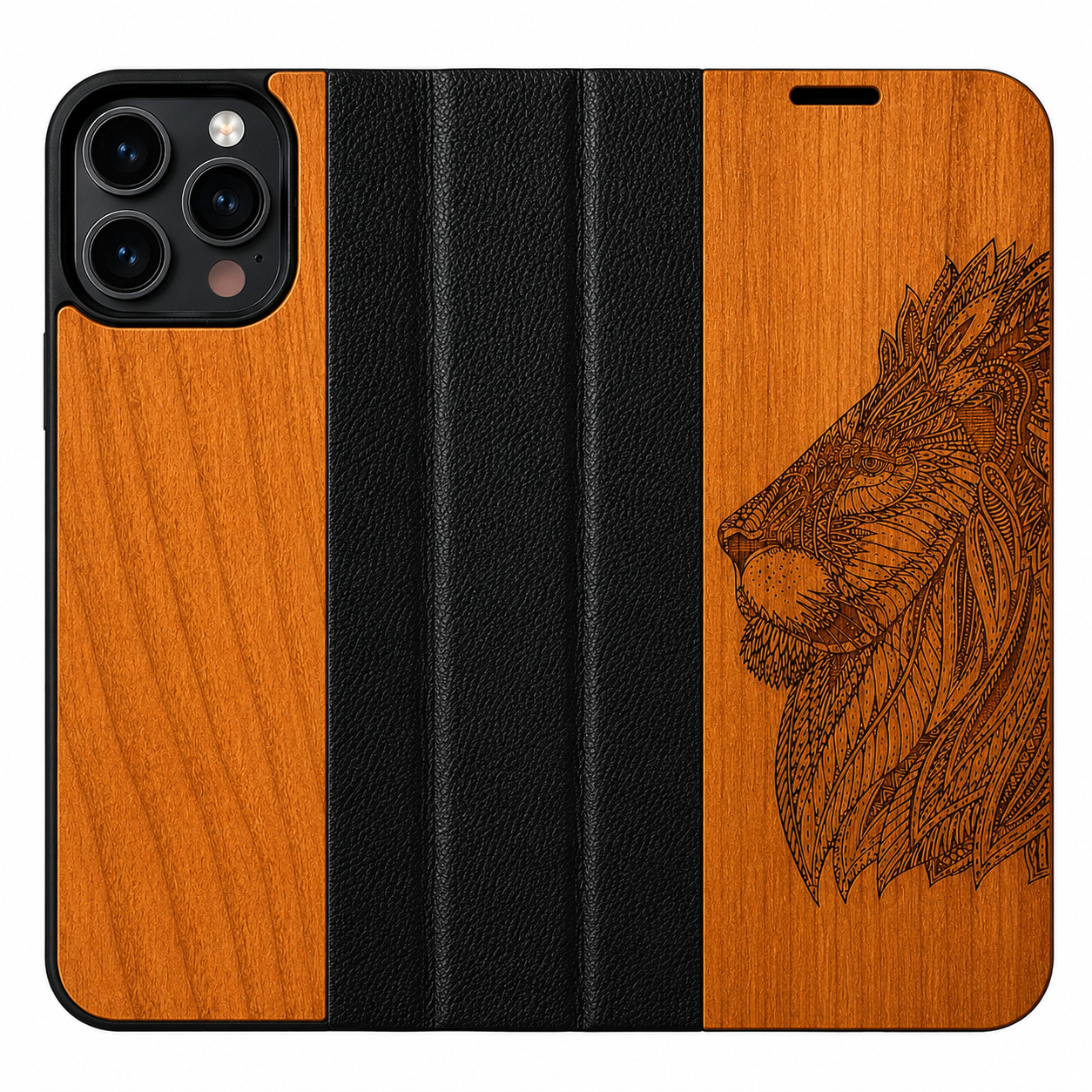 Löwen Eden Wallet Case aus Kirschholz für das iPhone 16 Pro