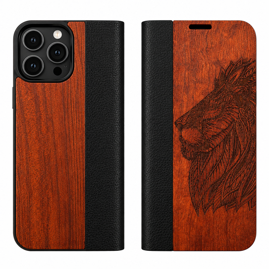 Löwen Eden Wallet Case aus Rosenholz für das iPhone 16 Pro