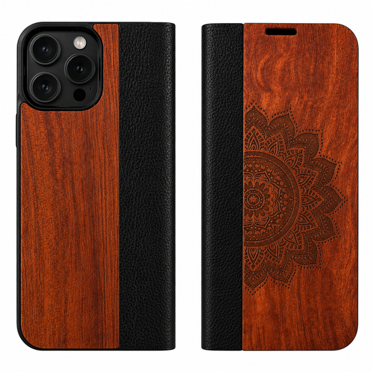 Mandala Eden Wallet Case aus Rosenholz für das iPhone 16 Pro