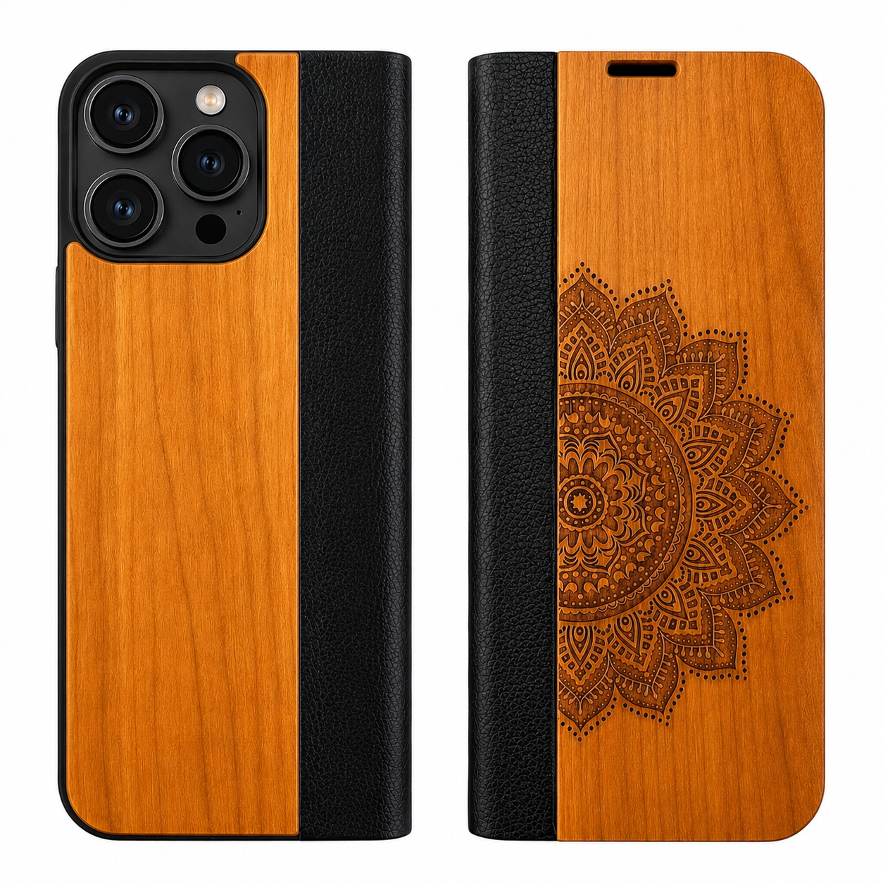 Mandala Eden Wallet Case aus Kirschholz für das iPhone 16 Pro Max
