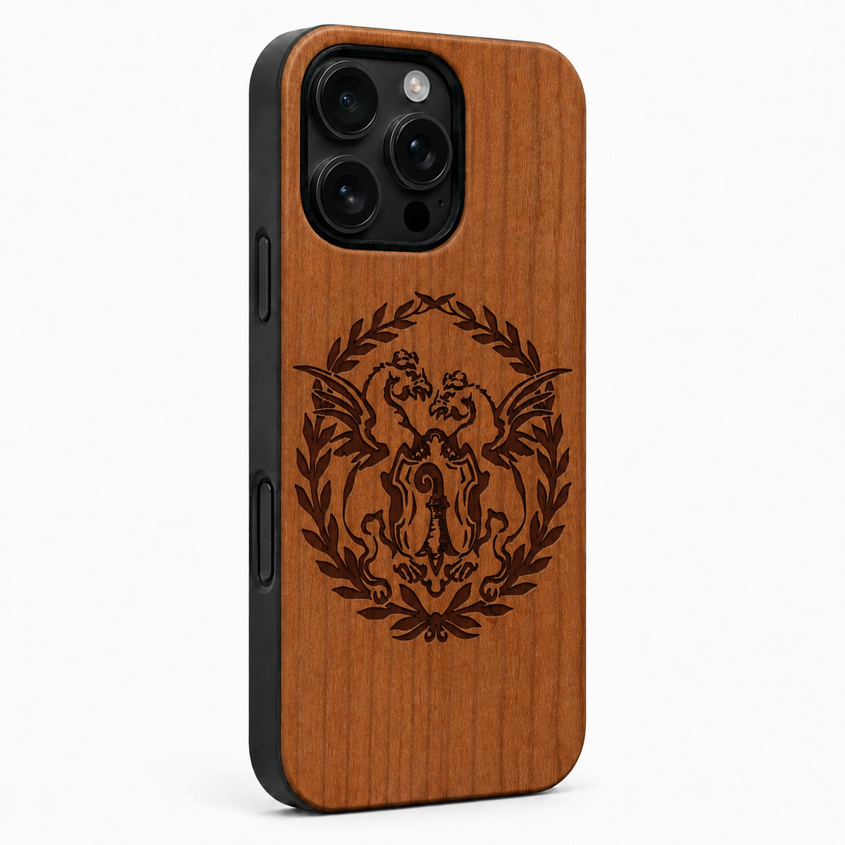 Eden Basilisk Kirschholz Case für iPhone 16 Pro und 16 Pro Max – schwarze Camera-Control-Taste