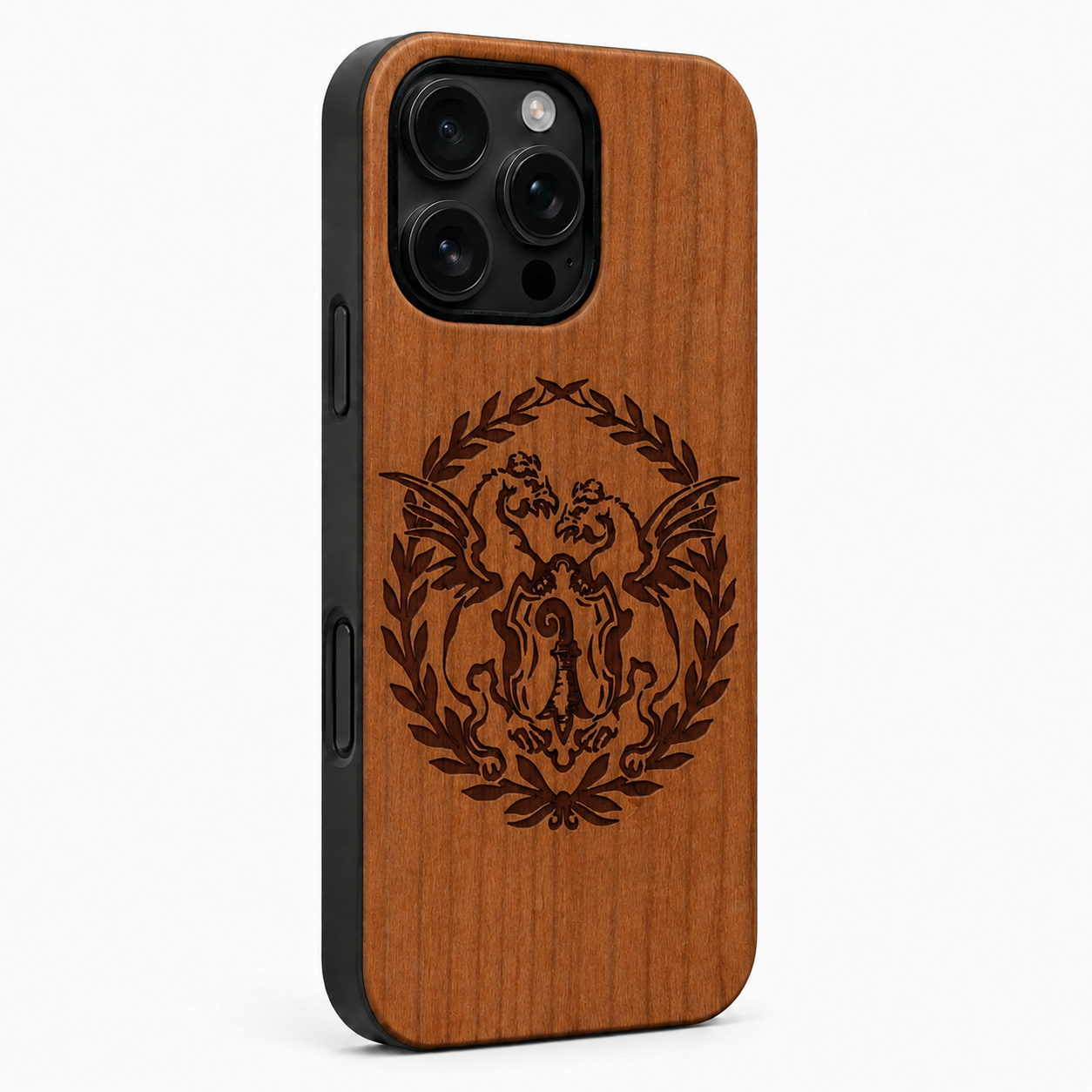 Eden Basilisk Kirschholz Case für iPhone 16 Pro und 16 Pro Max – schwarze Camera-Control-Taste