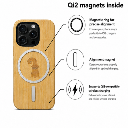 Eden Baslerstab Bambus Case für iPhone 16 Pro und 16 Pro Max – Qi2 MagSafe Infografik