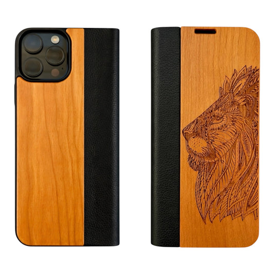 Löwen Eden Wallet Case aus Kirschholz für das iPhone 16 Pro Max