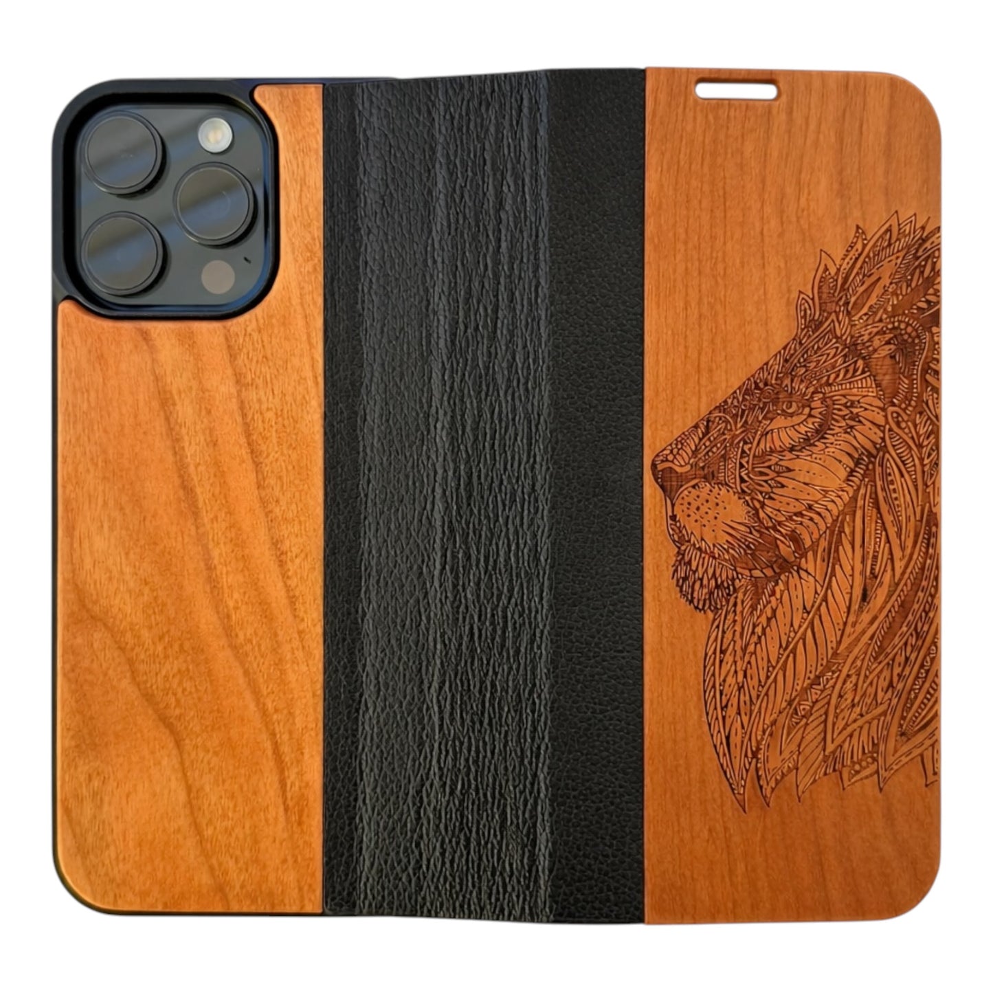 Löwen Eden Wallet Case aus Kirschholz für das iPhone 16 Pro Max
