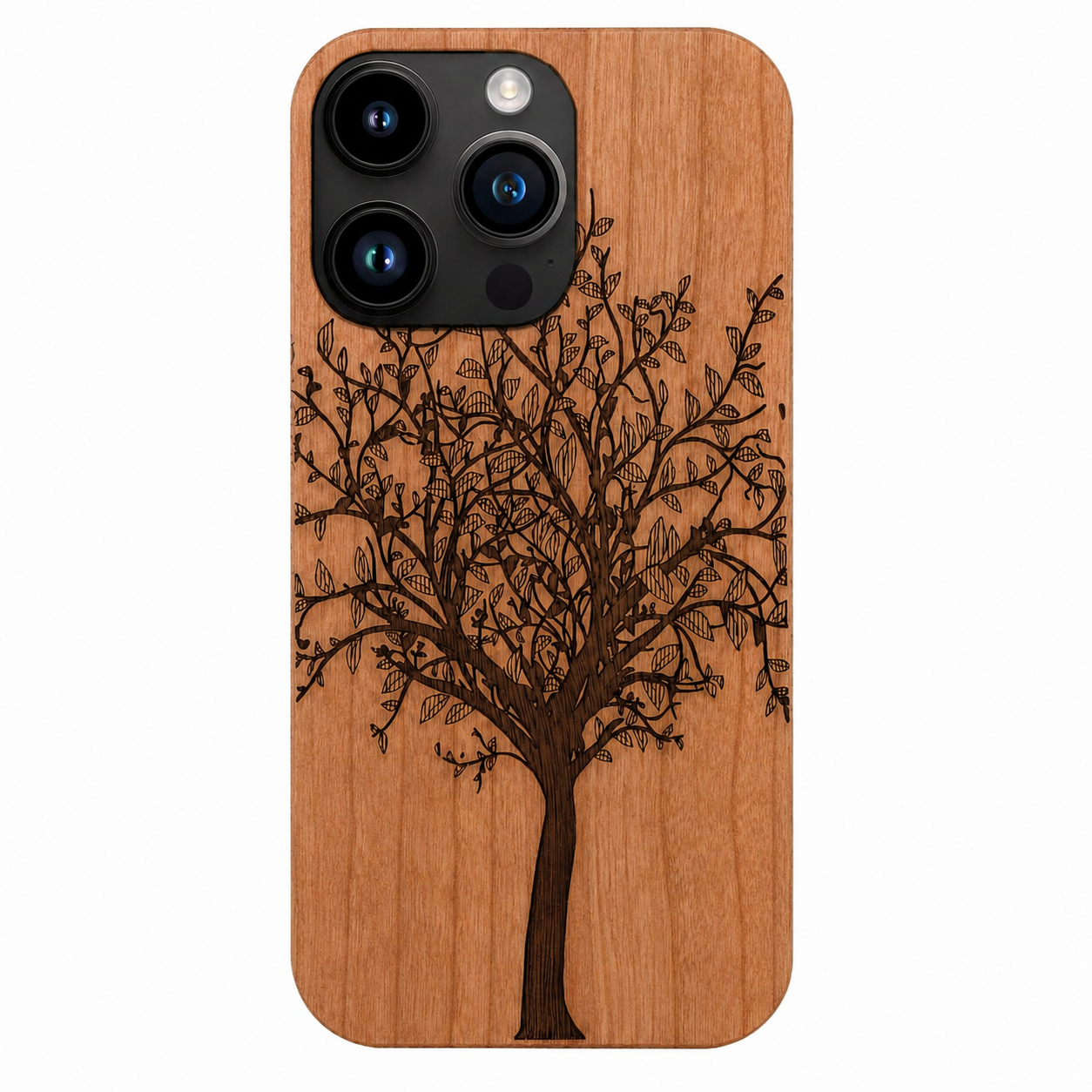 Eden Lebensbaum Case aus Kirschholz für iPhone 16 Pro und iPhone 16 Pro Max – Frontansicht