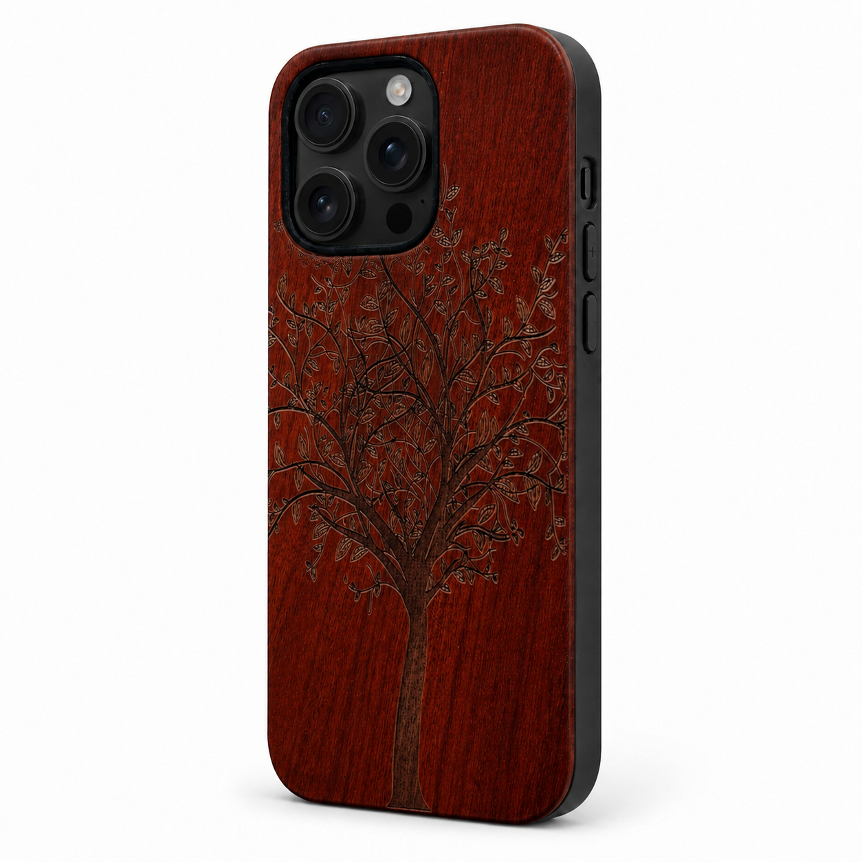 Lebensbaum Rosenholz Case für iPhone 16 Pro – Lautstärke- und Actiontaste