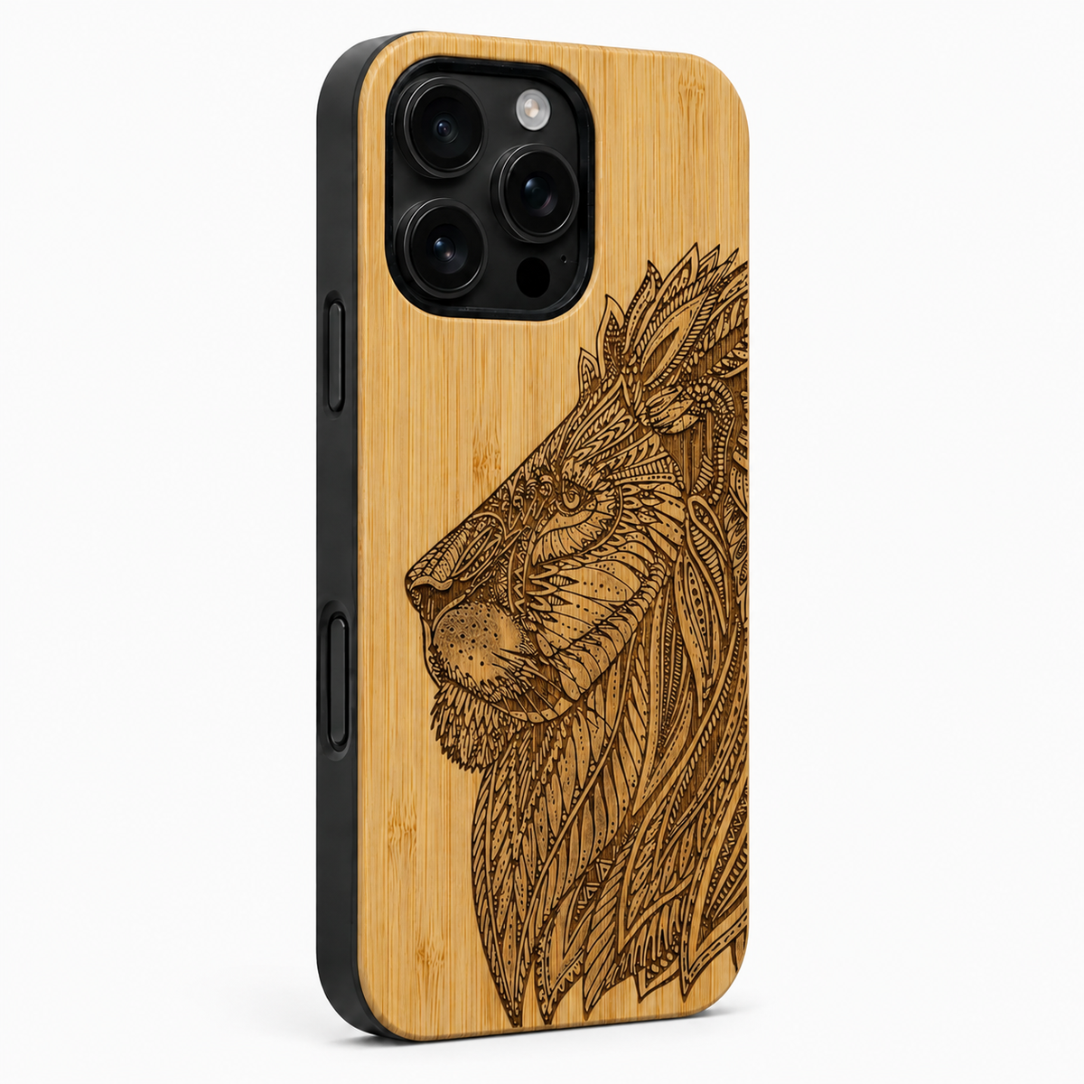 Eden Löwe Bambus Case für iPhone 16 Pro und 16 Pro Max – schwarze Camera-Control-Taste