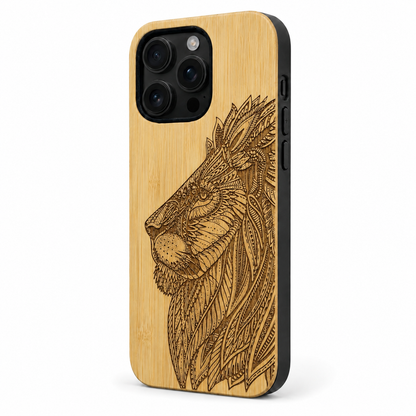 Eden Löwe Bambus Case für iPhone 16 Pro und 16 Pro Max – Lautstärke- und Actiontaste