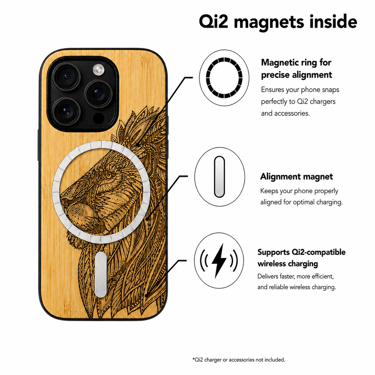 Eden Löwe Bambus Case für iPhone 16 Pro und 16 Pro Max – Qi2 MagSafe Infografik