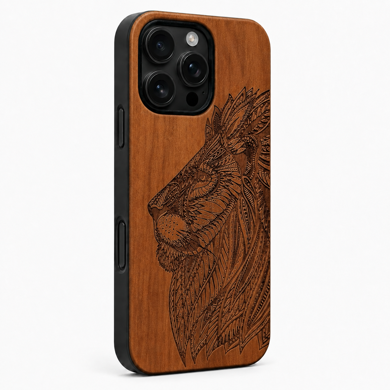 Eden Löwe Kirschholz Case für iPhone 16 Pro und 16 Pro Max – schwarze Camera-Control-Taste