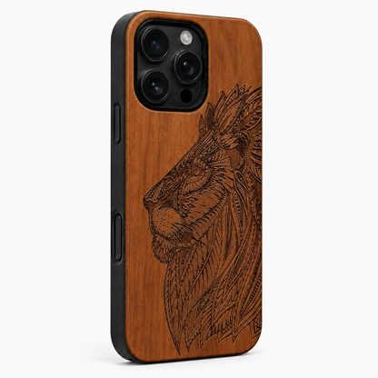Eden Löwe Kirschholz Case für iPhone 16 Pro und 16 Pro Max – schwarze Camera-Control-Taste