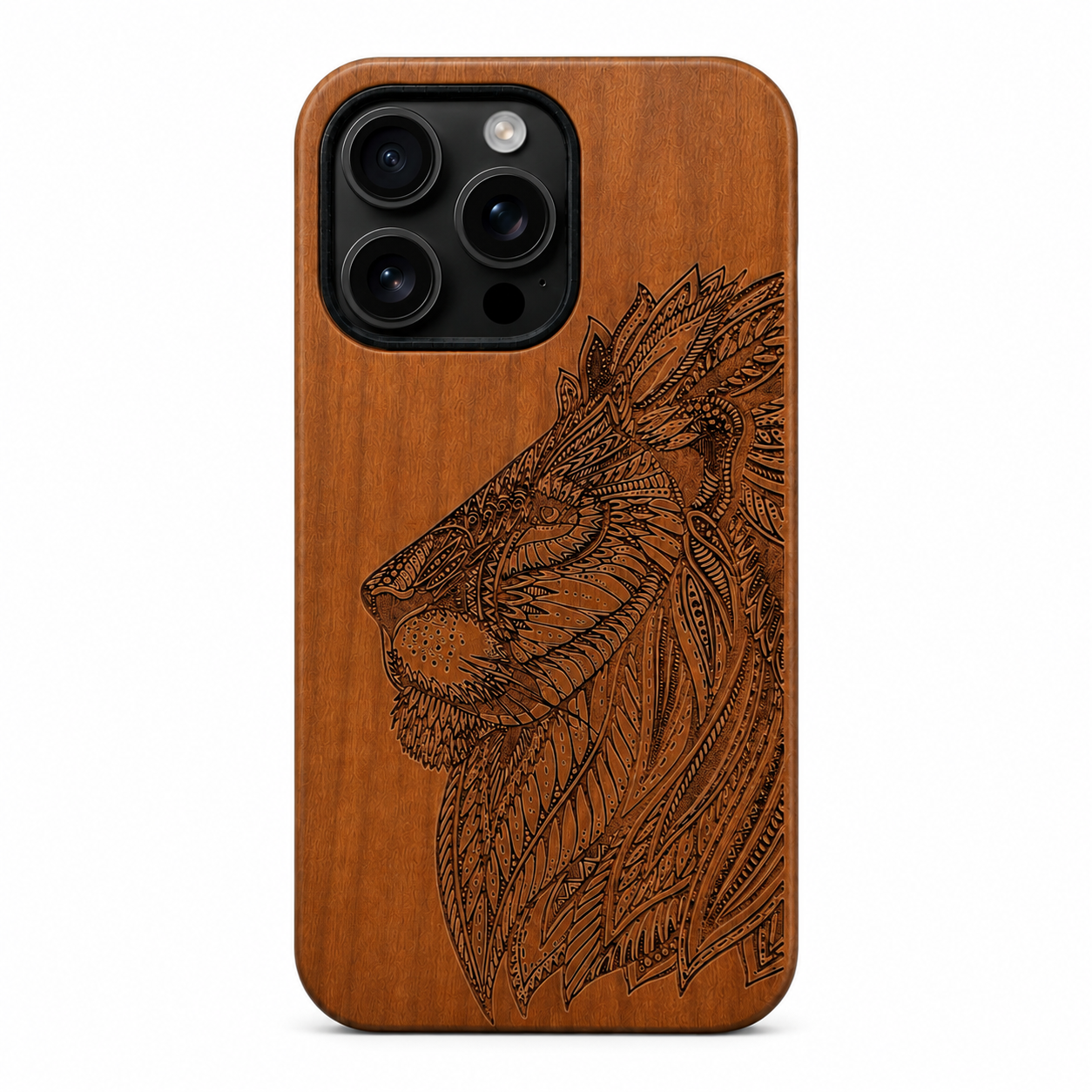 Eden Löwe Case aus Kirschholz für iPhone 16 Pro und iPhone 16 Pro Max – Frontansicht
