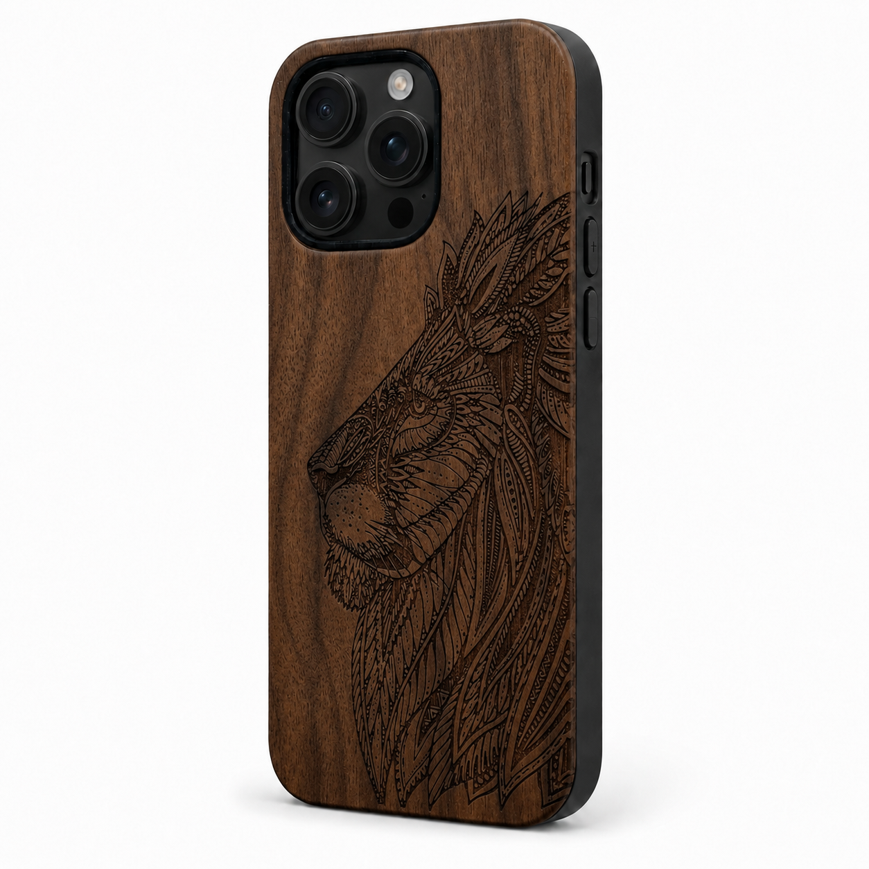 Eden Löwe Nussbaum Case für iPhone 16 Pro und 16 Pro Max – Lautstärke- und Actiontaste