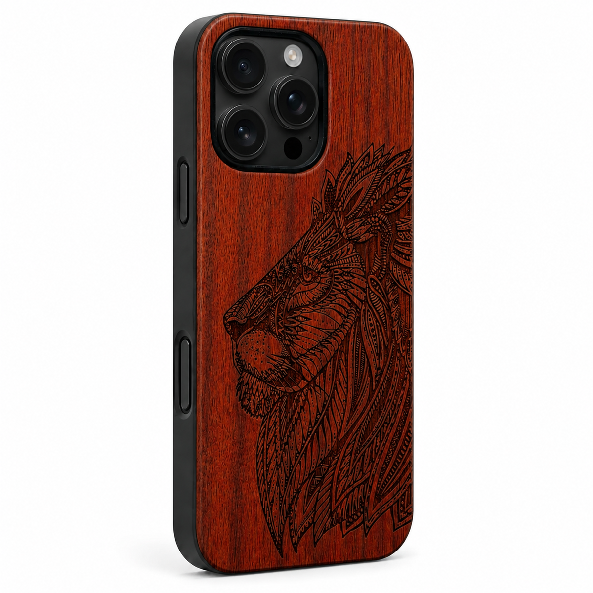 Eden Löwe Rosenholz Case für iPhone 16 Pro und 16 Pro Max – schwarze Camera-Control-Taste