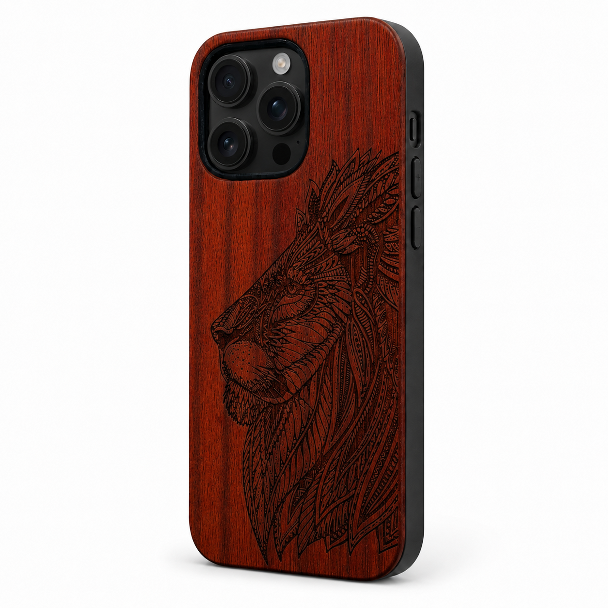 Eden Löwe Rosenholz Case für iPhone 16 Pro und 16 Pro Max – Lautstärke- und Actiontaste