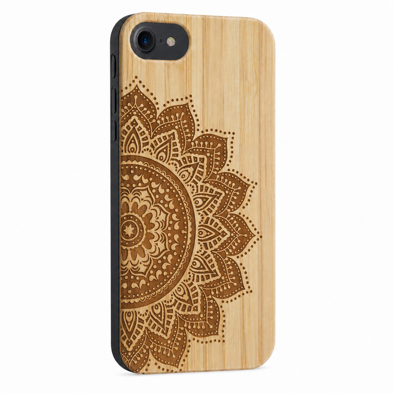 Mandala Eden Case aus Bambus für iPhone 6/6S/7/8/SE 2020/SE 2022 – schräge Gegenansicht