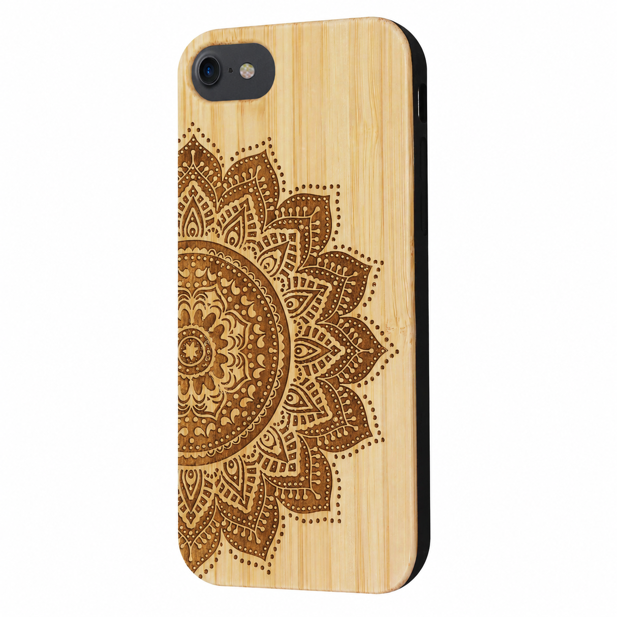 Mandala Eden Case aus Bambus für iPhone 6/6S/7/8/SE 2020/SE 2022 – schräge Ansicht