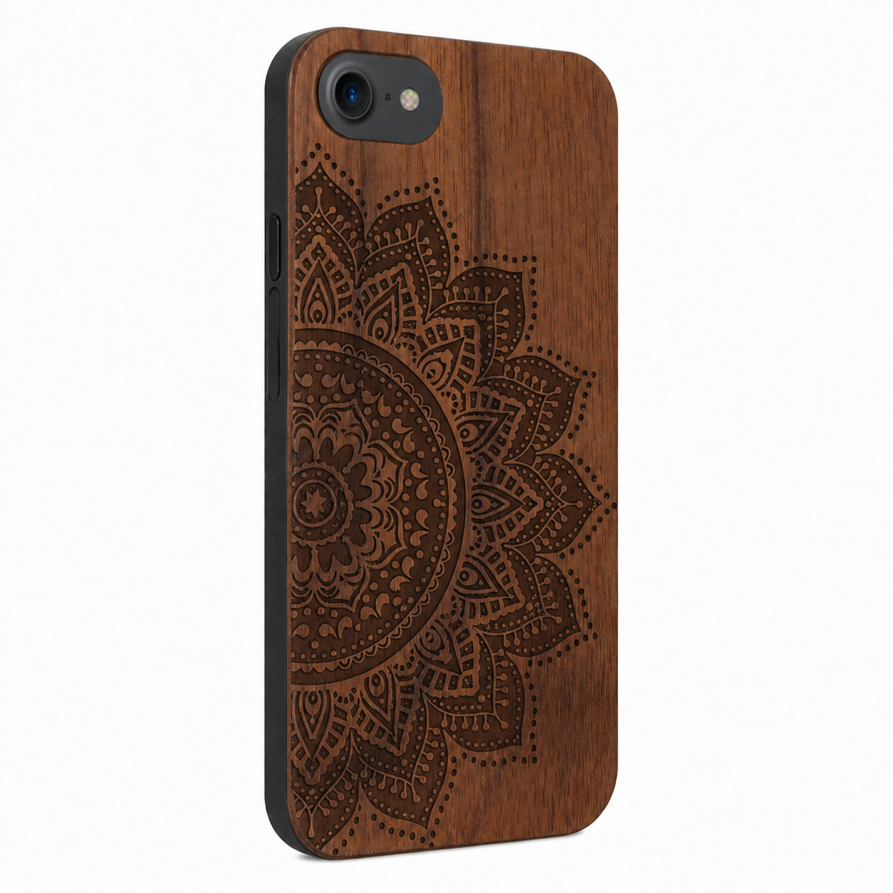Mandala Eden Case aus Nussbaumholz für iPhone 6/6S/7/8/SE 2020/SE 2022 – schräge Gegenansicht