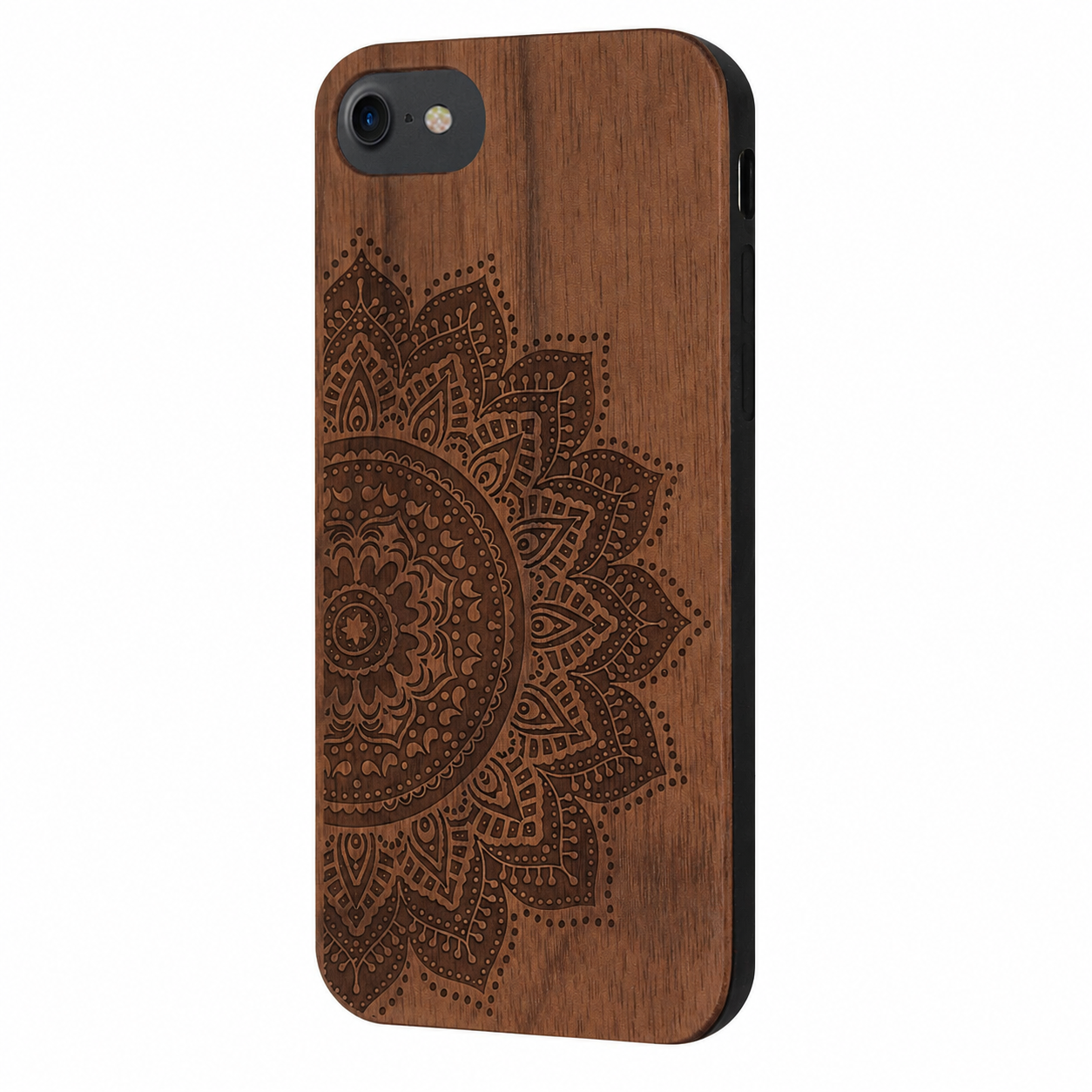 Mandala Eden Case aus Nussbaumholz für iPhone 6/6S/7/8/SE 2020/SE 2022 – schräge Ansicht