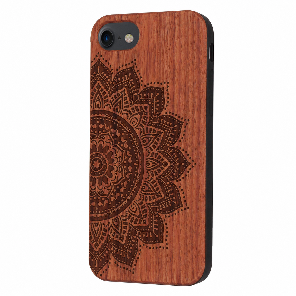 Mandala Eden Case aus Rosenholz für iPhone 6/6S/7/8/SE 2020/SE 2022 – schräge Ansicht