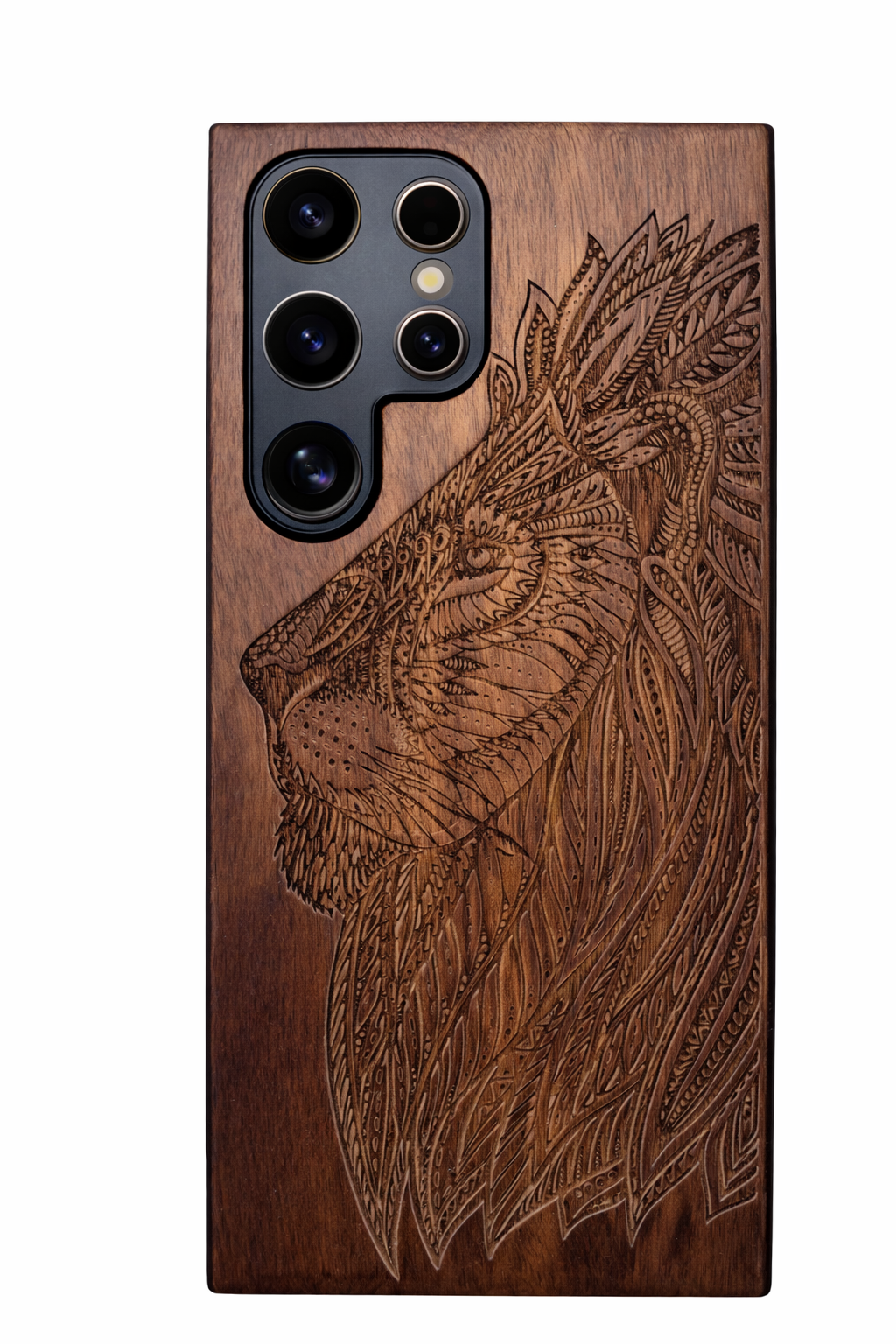 Eden Case Löwen aus Nussbaumholz für das Samsung Galaxy S23 Ultra
