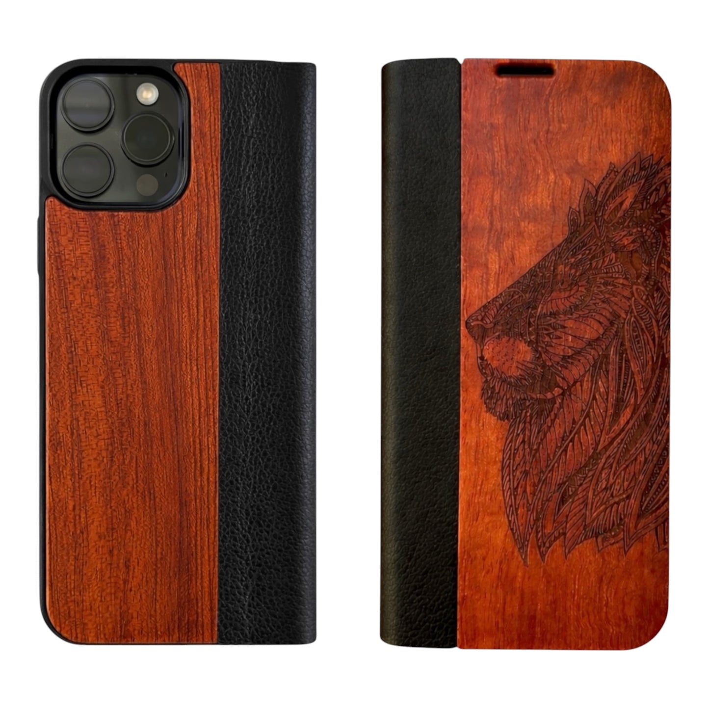 Löwen Eden Wallet Case aus Rosenholz für das iPhone 16 Pro Max
