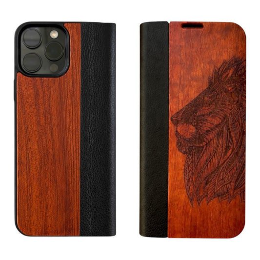 Löwen Eden Wallet Case aus Rosenholz für das iPhone 16 Pro Max