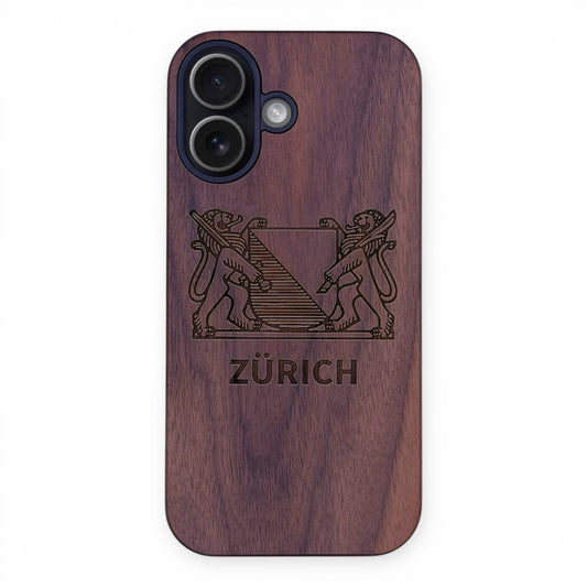 Zurich Coat of Arms Eden Case made with Walnut Wood for the iPhone 16 with MagSafe