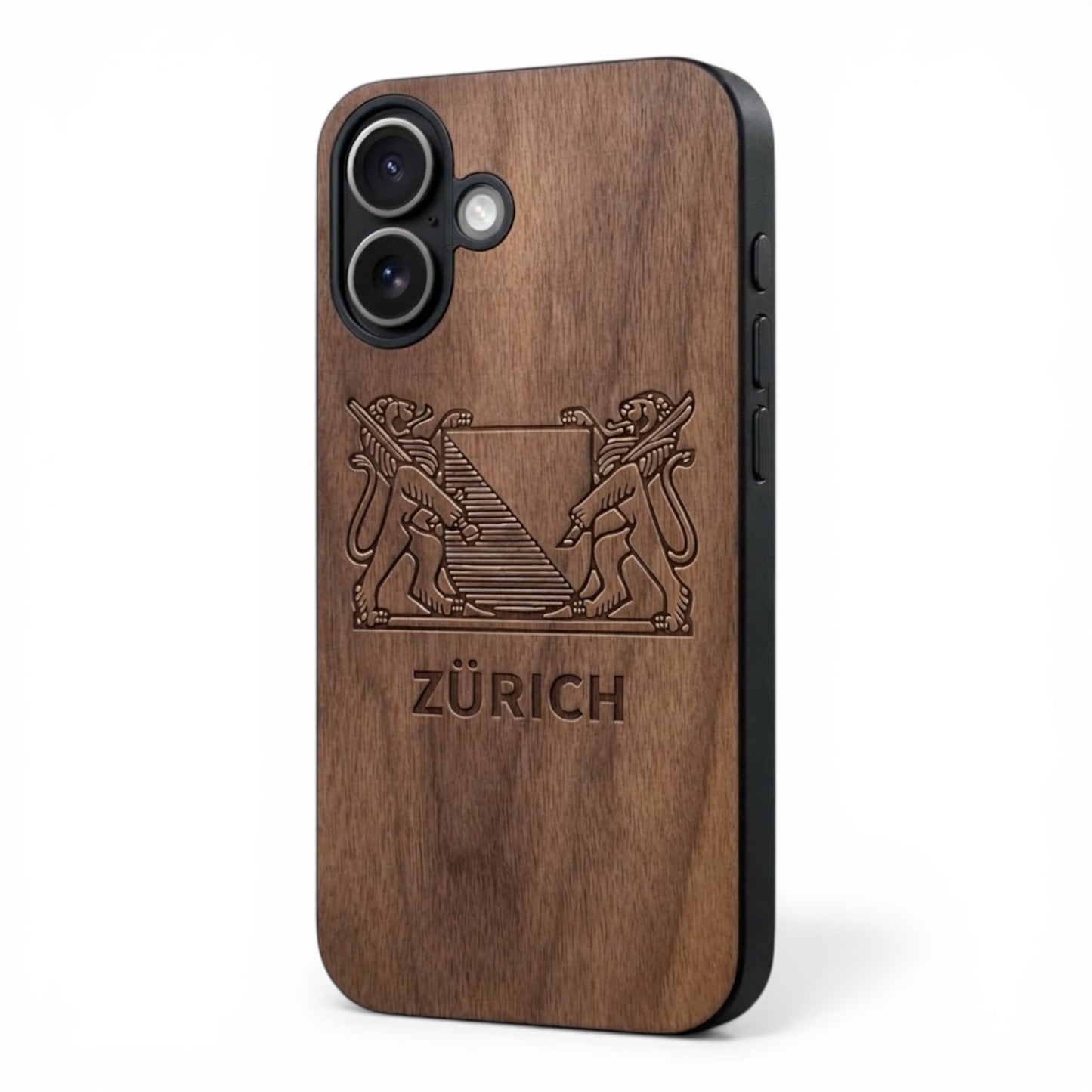 Zurich Coat of Arms Eden Case made with Walnut Wood for the iPhone 16 with MagSafe