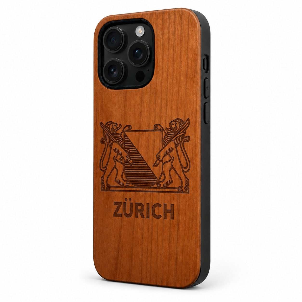 Eden Zürich Wappen Kirschholz Case für iPhone 16 Pro und 16 Pro Max – Lautstärke- und Actiontaste