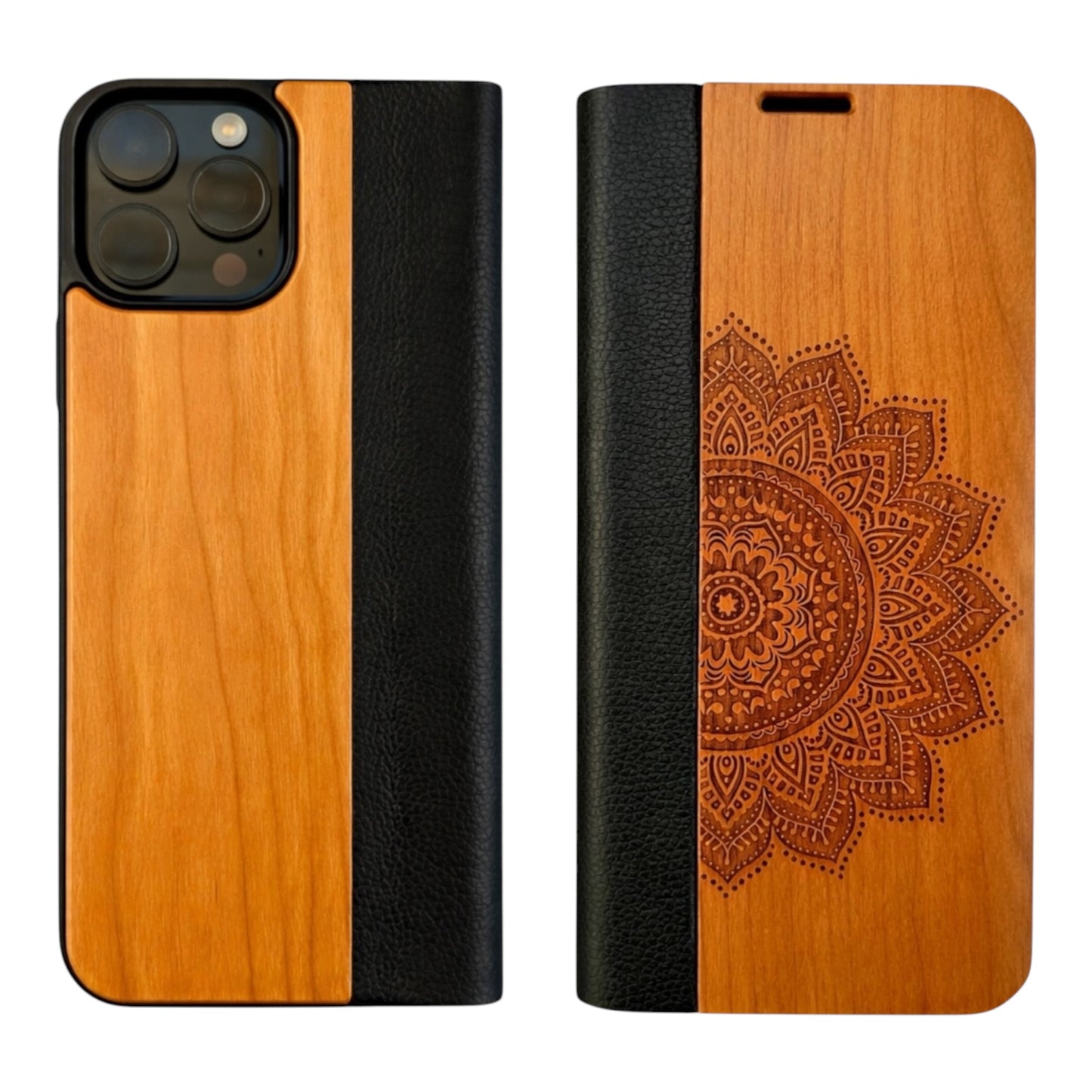 Mandala Eden Wallet Case aus Kirschholz für das iPhone 16 Pro