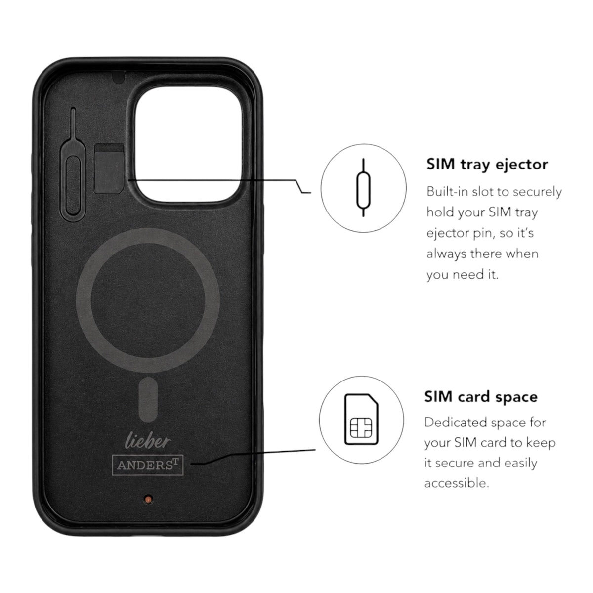 Innenansicht Eden Case für iPhone 16 Pro und iPhone 16 Pro Max mit SIM tray ejector und SIM card space